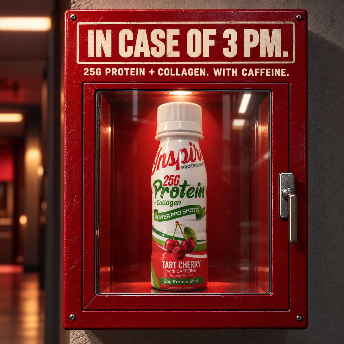 Inspire Tart Cherry Protein + Collagen Power Pro Shot with caffeine, featuring 25g of protein for the 3 p.m. slump.