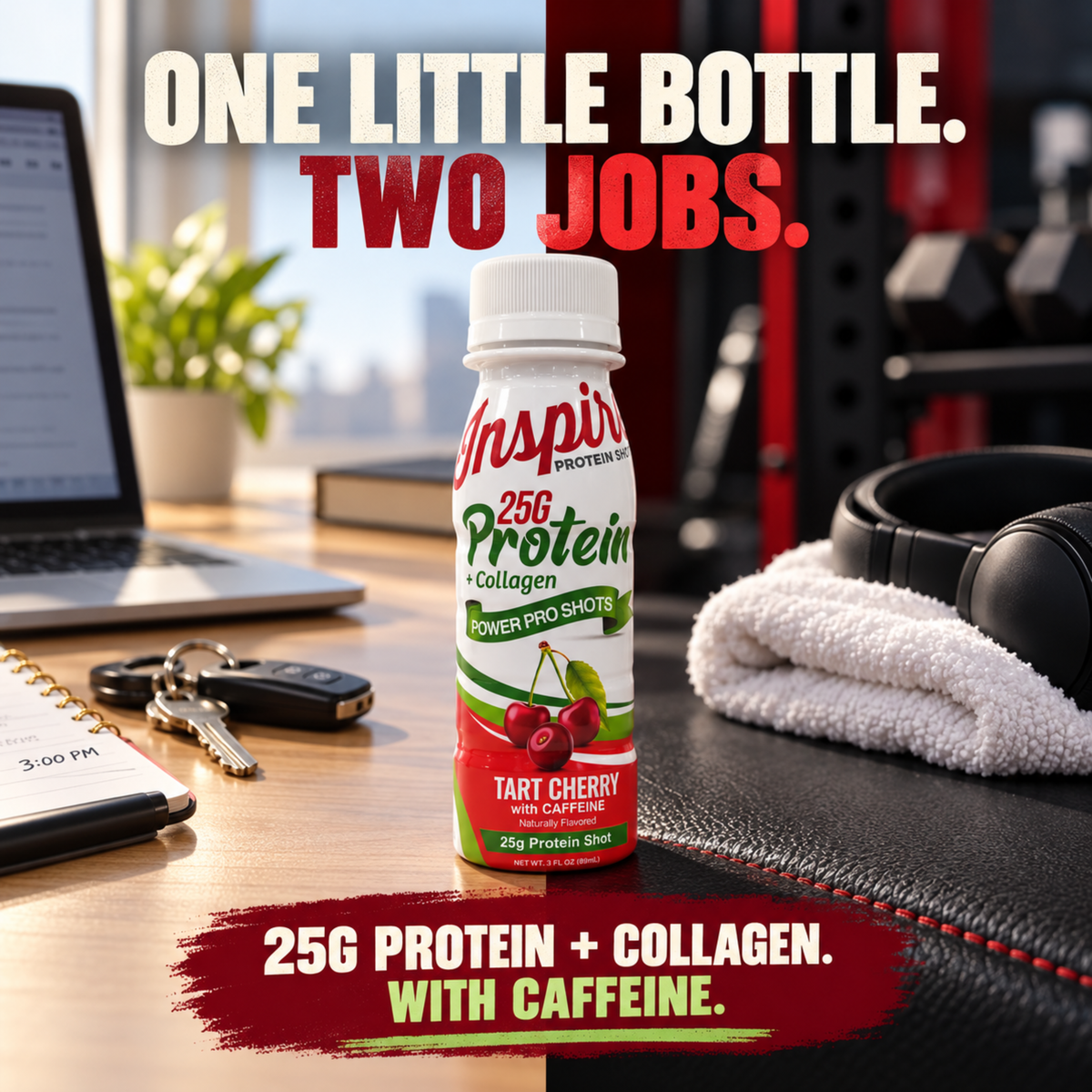 Inspire Tart Cherry Protein + Collagen Power Pro Shot with caffeine, featuring 25g of protein for the 3 p.m. slump.