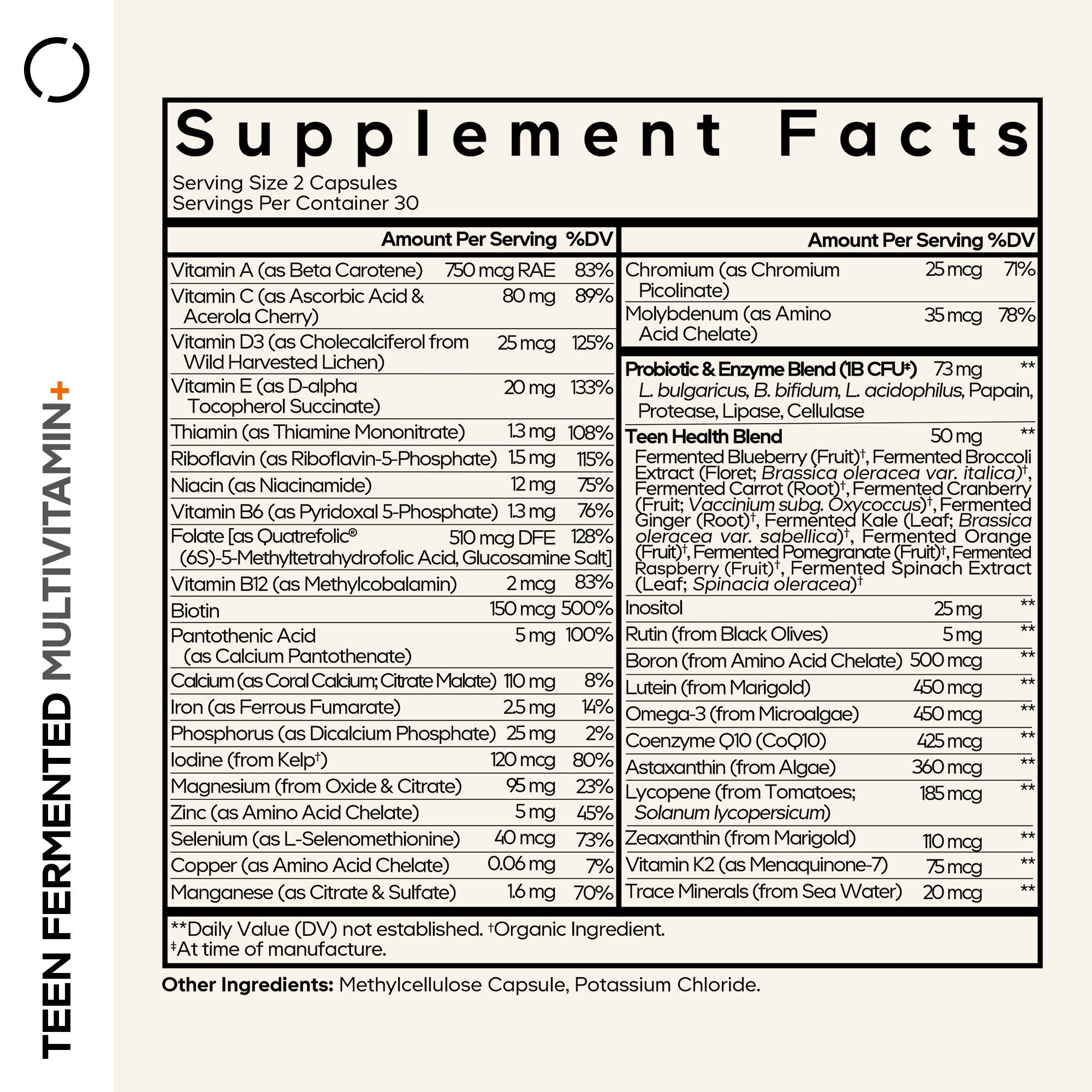 A detailed supplement facts label lists the nutritional content and ingredients of a teen fermented multivitamin, including vitamins, minerals, probiotics, and organic extracts.