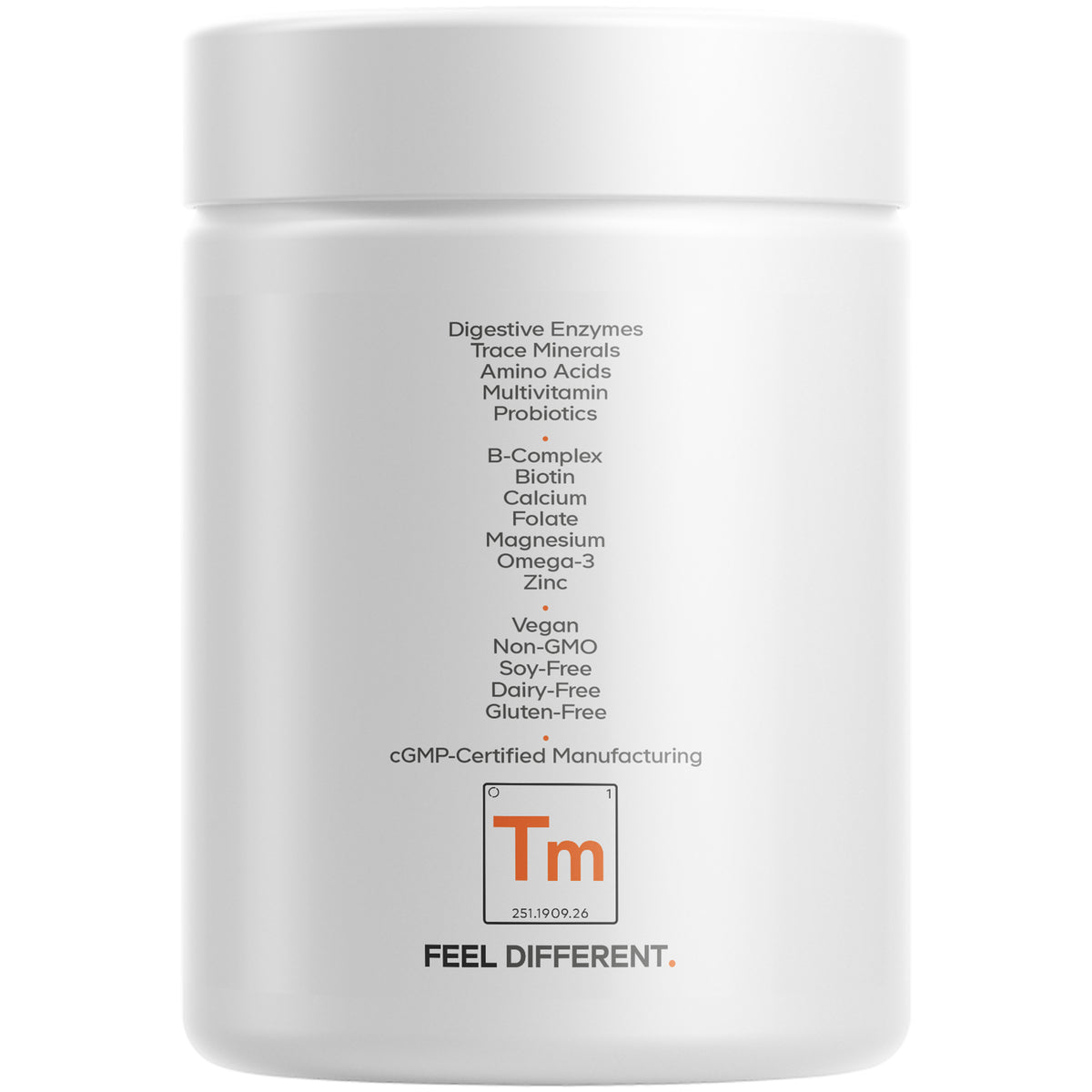 A white container labeled with various health supplement ingredients, including digestive enzymes, vitamins, and minerals, highlighting features like vegan, non-GMO, and gluten-free certifications.