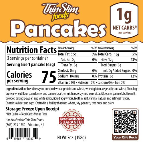 A nutrition label for Thin Slim Foods Pancakes, detailing serving size, calories, and nutritional information, including ingredients and storage instructions, set against a white background.