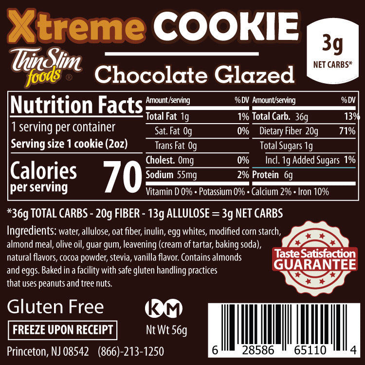 A nutrition label for ThinSlim Foods' Xtreme Chocolate Glazed Cookie, detailing servings, calories, and nutritional information, including ingredients and dietary notes like gluten-free.