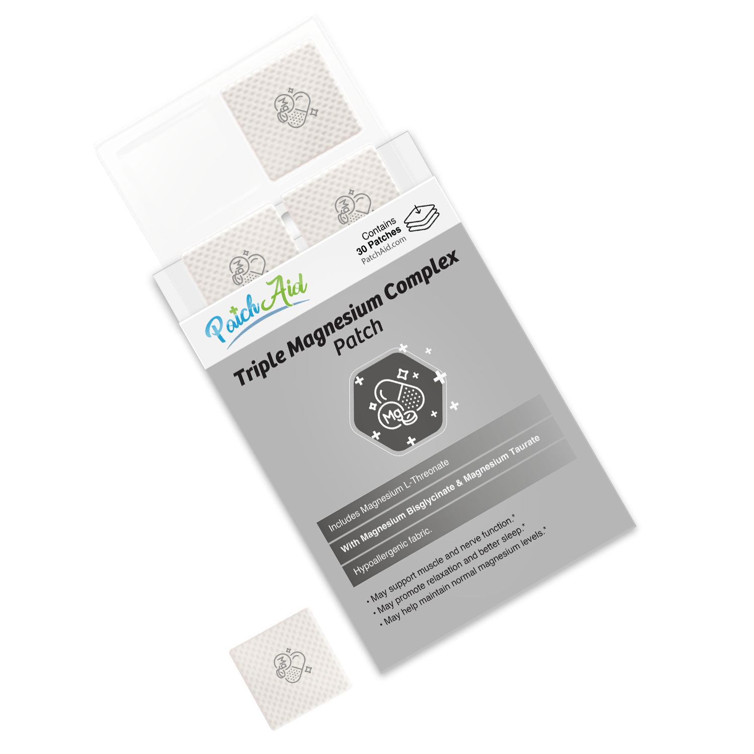 A package of Triple Magnesium Complex patches is displayed, featuring a gray label with product details and a patch partially visible, emphasizing its benefits for muscle and nerve function.