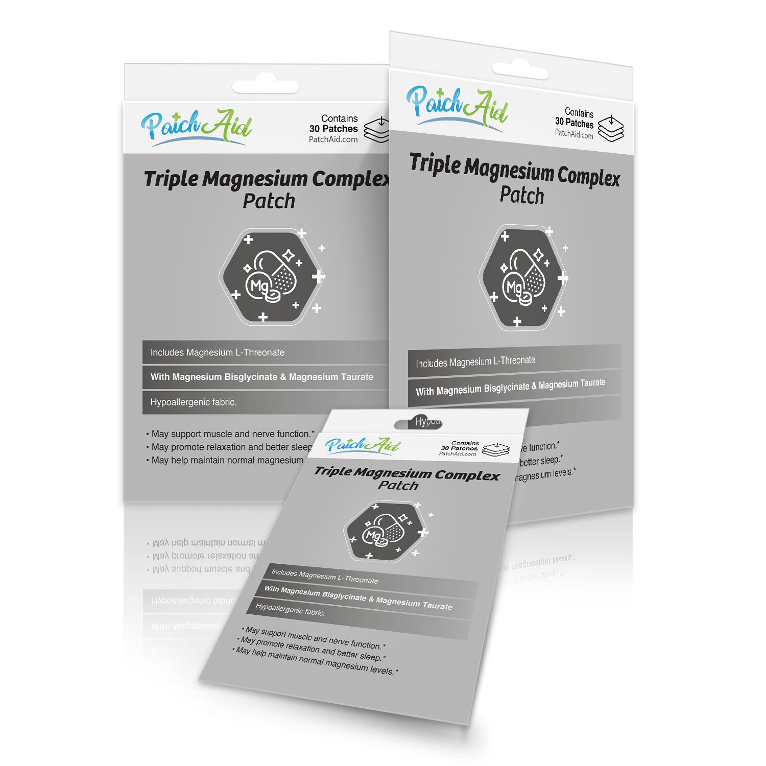 Three packages of PatchAid's Triple Magnesium Complex patches are displayed, highlighting their ingredients and benefits, including support for muscle function and better sleep, on a reflective surface.