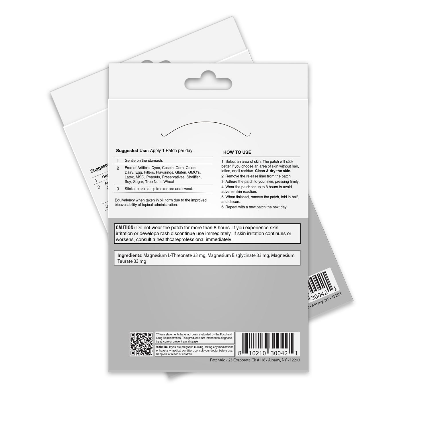 The image shows the back of a product packaging for a skin patch, detailing usage instructions, ingredients, and cautionary notes against skin irritation.