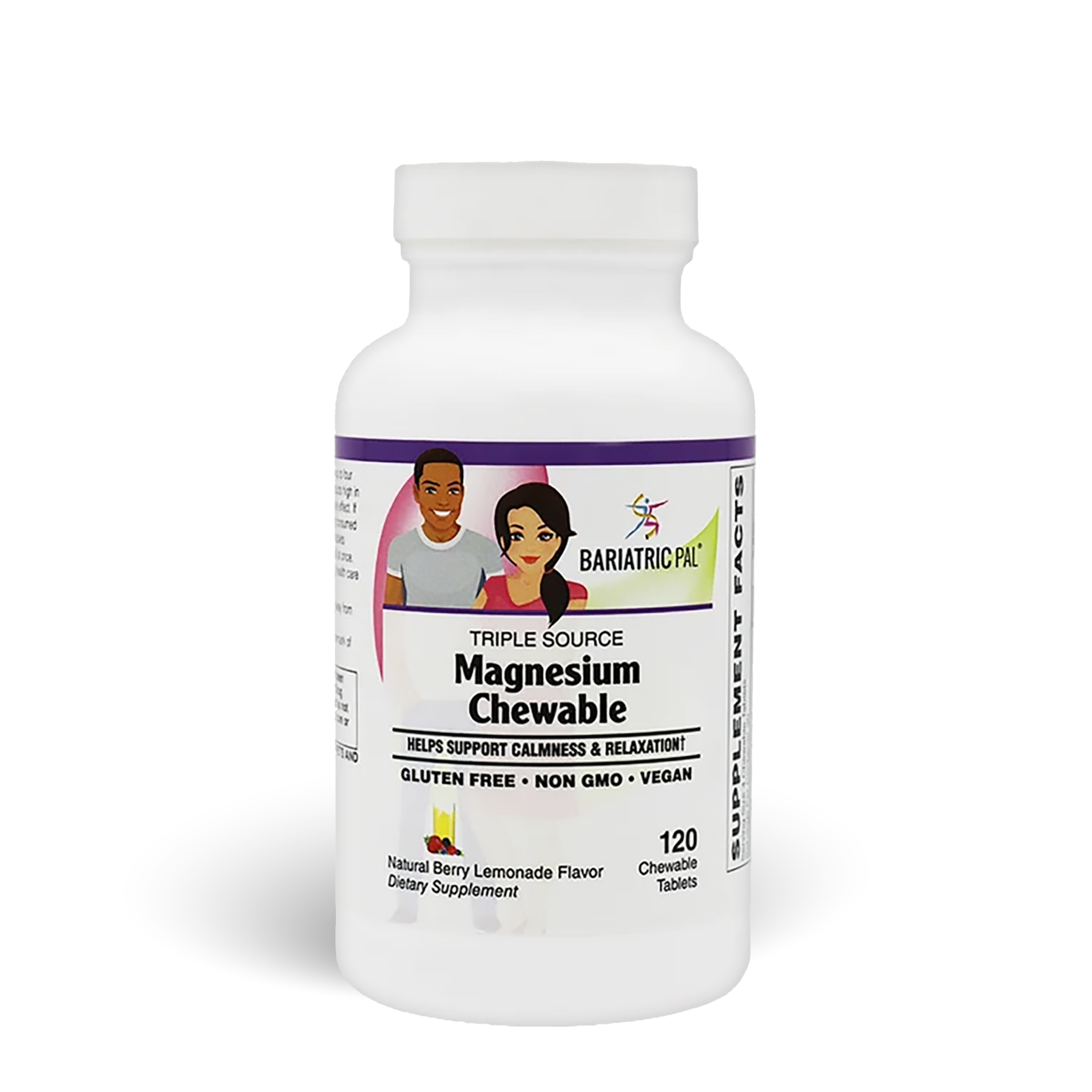 A white bottle labeled "Triple Source Magnesium Chewable" features illustrations of a man and woman, highlighting its benefits for calmness and relaxation, with 120 chewable tablets in natural berry lemonade flavor.