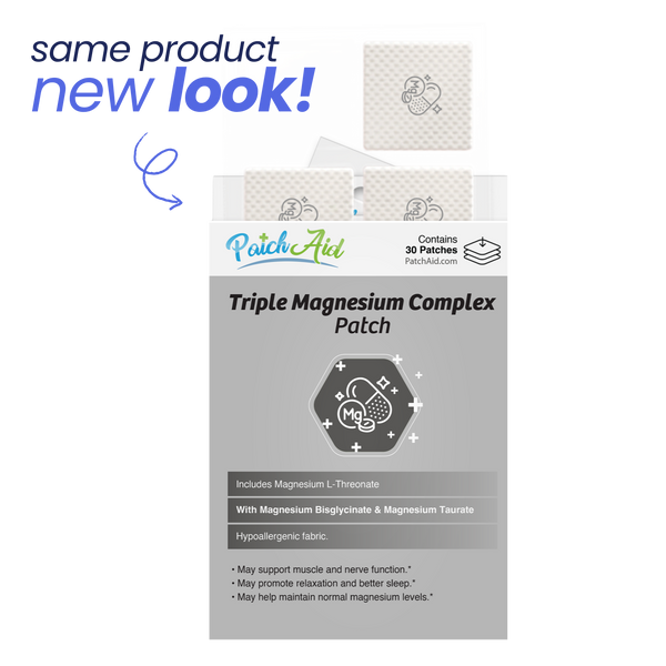A product package for PatchAid's Triple Magnesium Complex Patch features a new design, showcasing the patches and highlighting benefits like muscle support and relaxation on a clean, modern background.