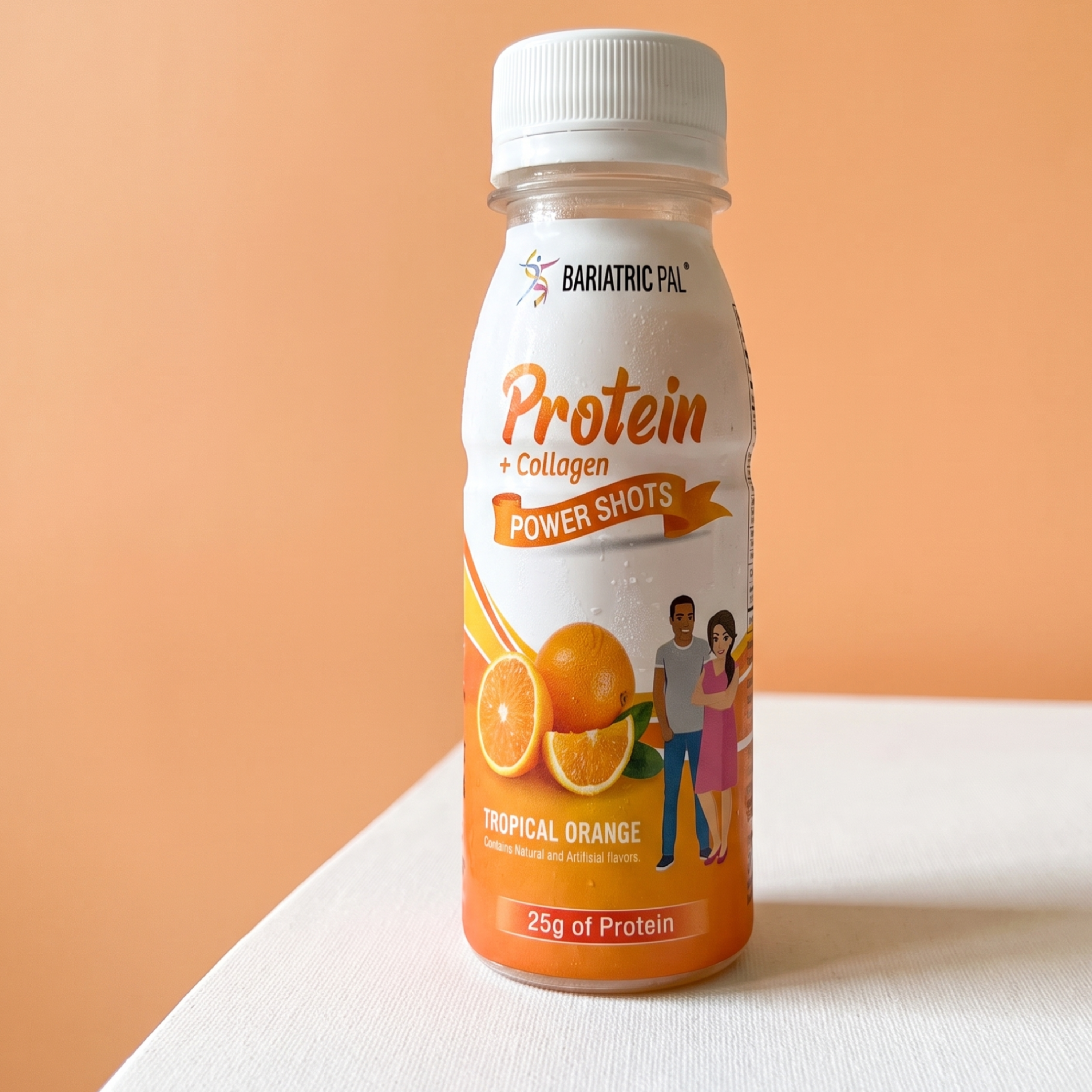 BariatricPal Tropical Orange Protein + Collagen Power Shot with 25 grams of protein in a 3-fluid-ounce bottle.