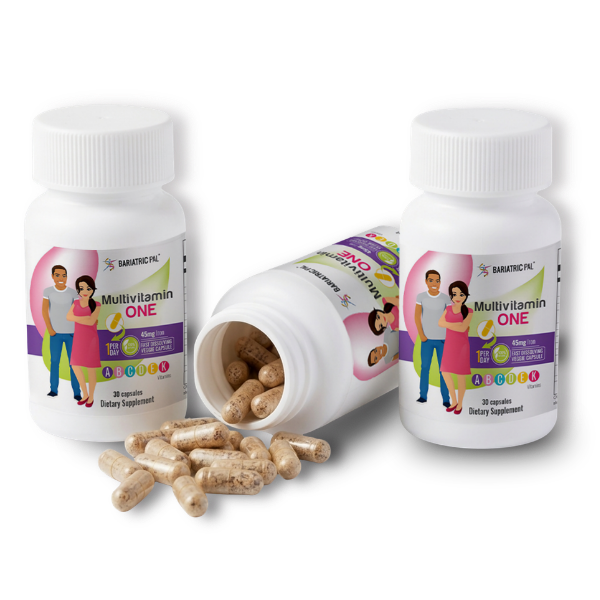Two bottles of "Multivitamin ONE" dietary supplements are shown, one tipped over with capsules spilling out, alongside illustrations of a man and woman standing together.