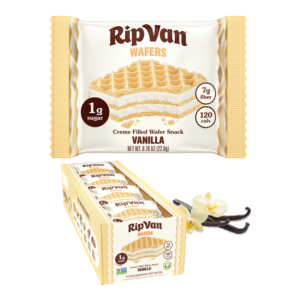 A box of RipVan vanilla wafers is shown, featuring a single package with a layered wafer snack and details about its low sugar, fiber content, and calorie count, alongside vanilla pods for flavor context.