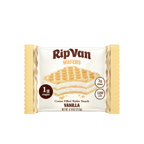 A package of RipVan Vanilla Wafers features a stack of cream-filled wafers, highlighting 1 gram of sugar, 7 grams of fiber, and 120 calories per serving.