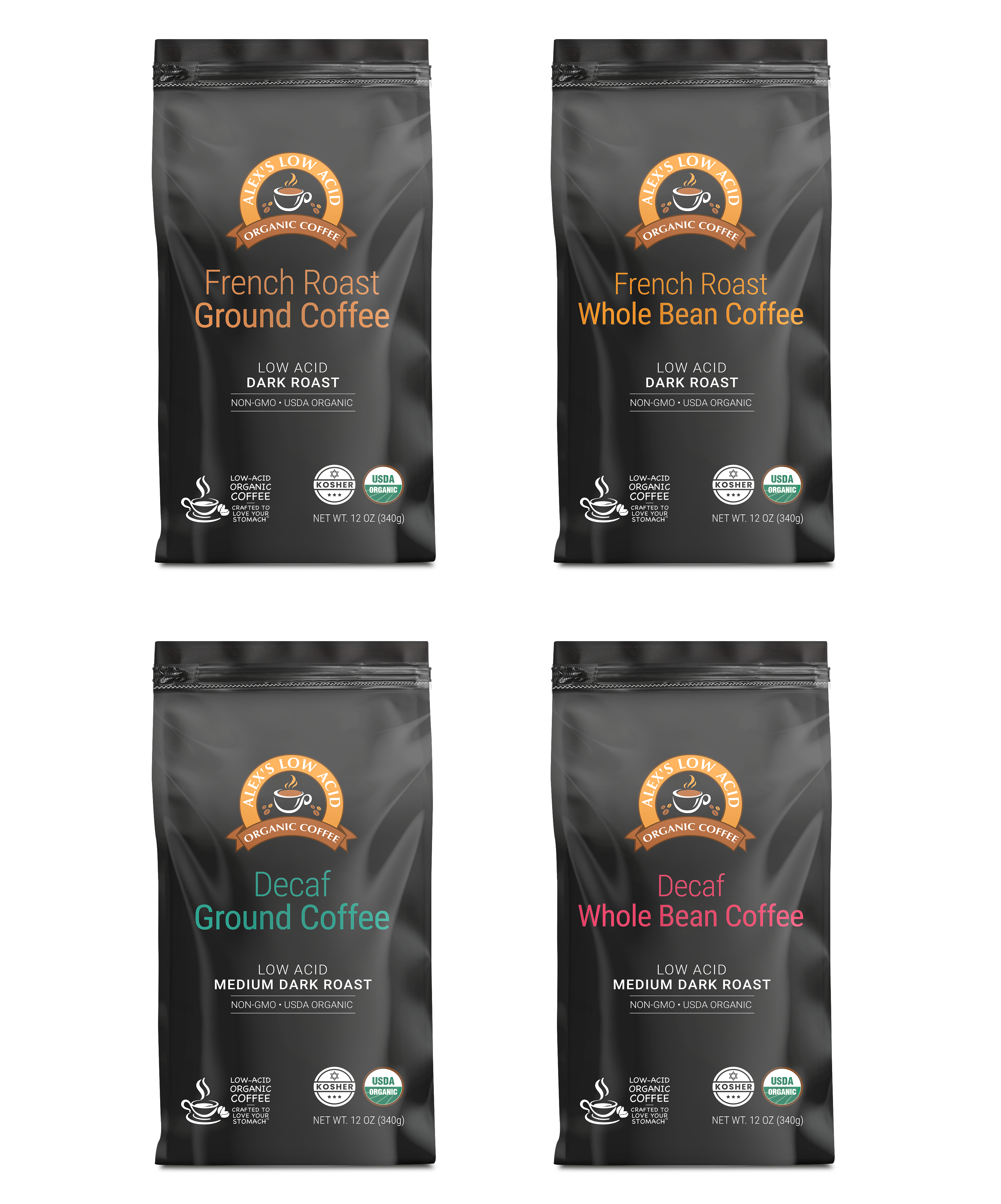 Alex's Low Acid Organic Coffee™ - 4-Bag Variety Pack (12oz)