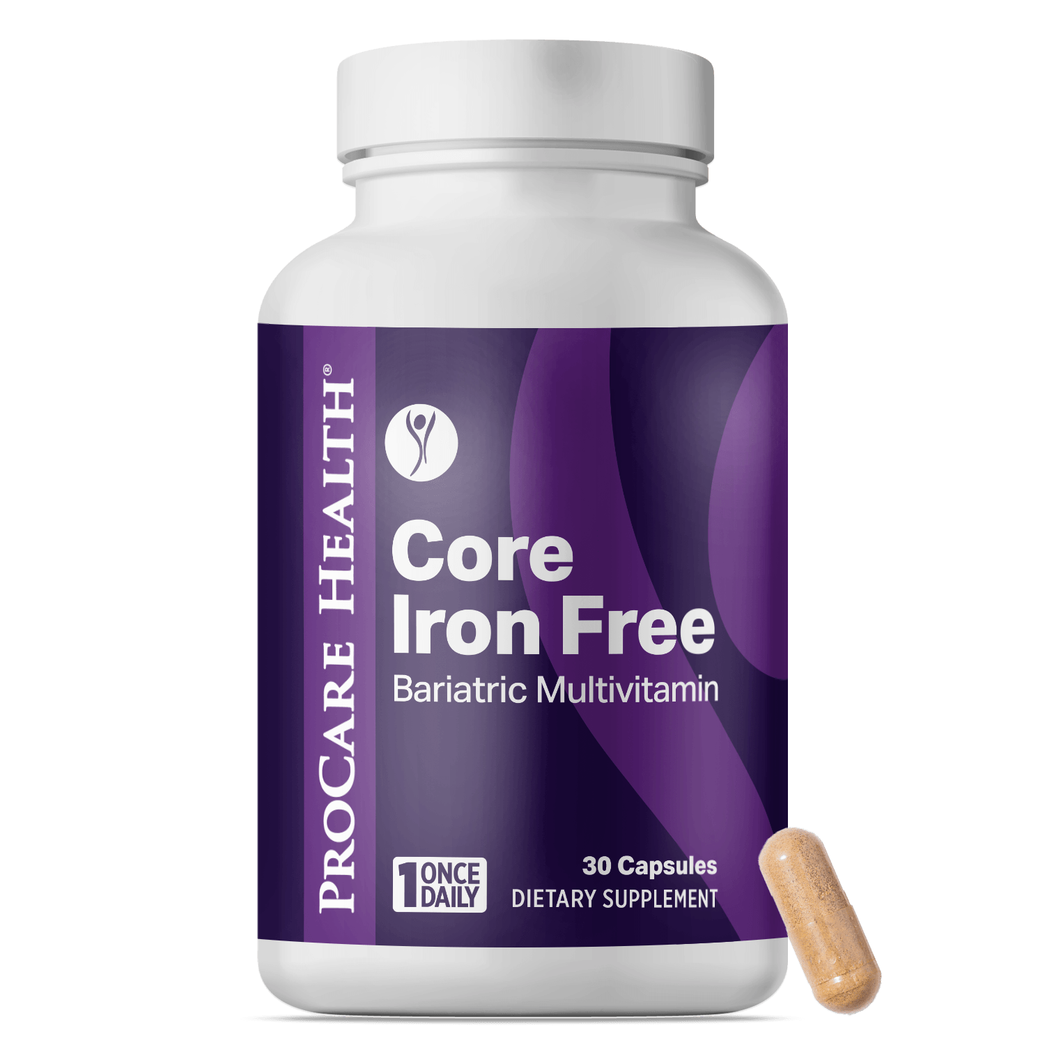 A white bottle of Procare Health Core Iron Free bariatric multivitamin, labeled with purple accents, sits upright with one capsule placed beside it, indicating a dietary supplement for daily use.
