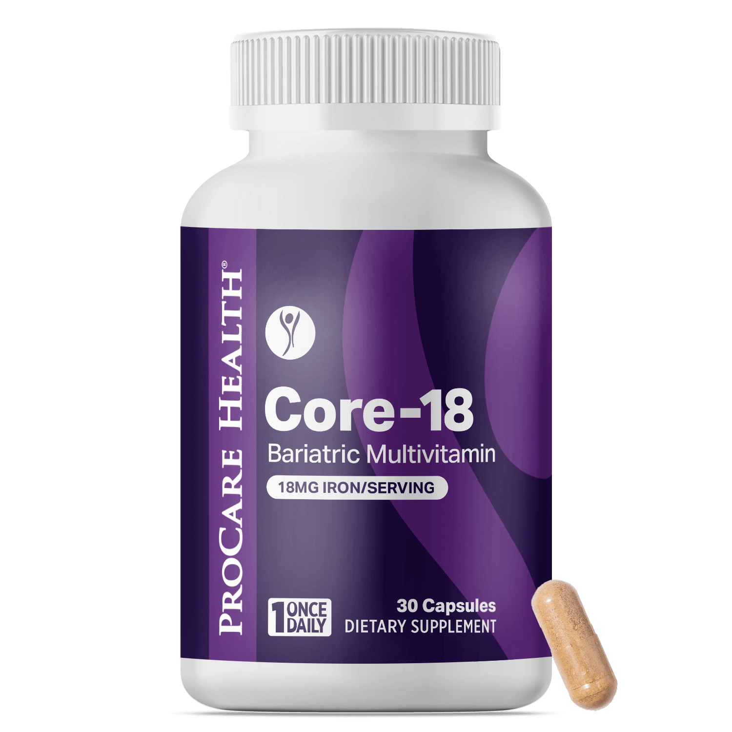 A white bottle of Procare Health Core-18 bariatric multivitamin stands upright with a single capsule beside it, featuring a purple label that highlights its iron content and serving instructions.