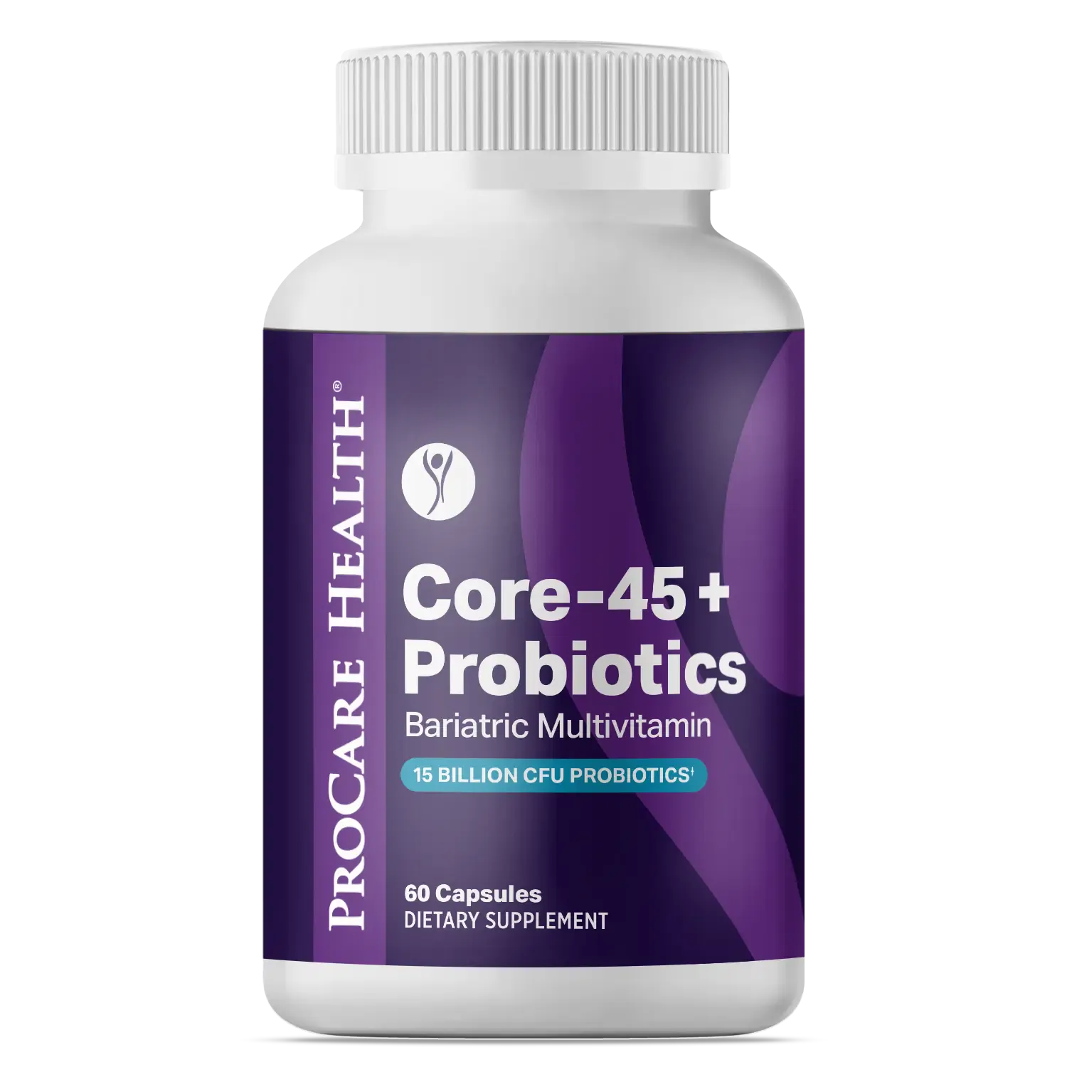 A white bottle of Procare Health Core-45 + Probiotics, labeled as a bariatric multivitamin with 60 capsules and containing 15 billion CFU probiotics, sits against a simple background.