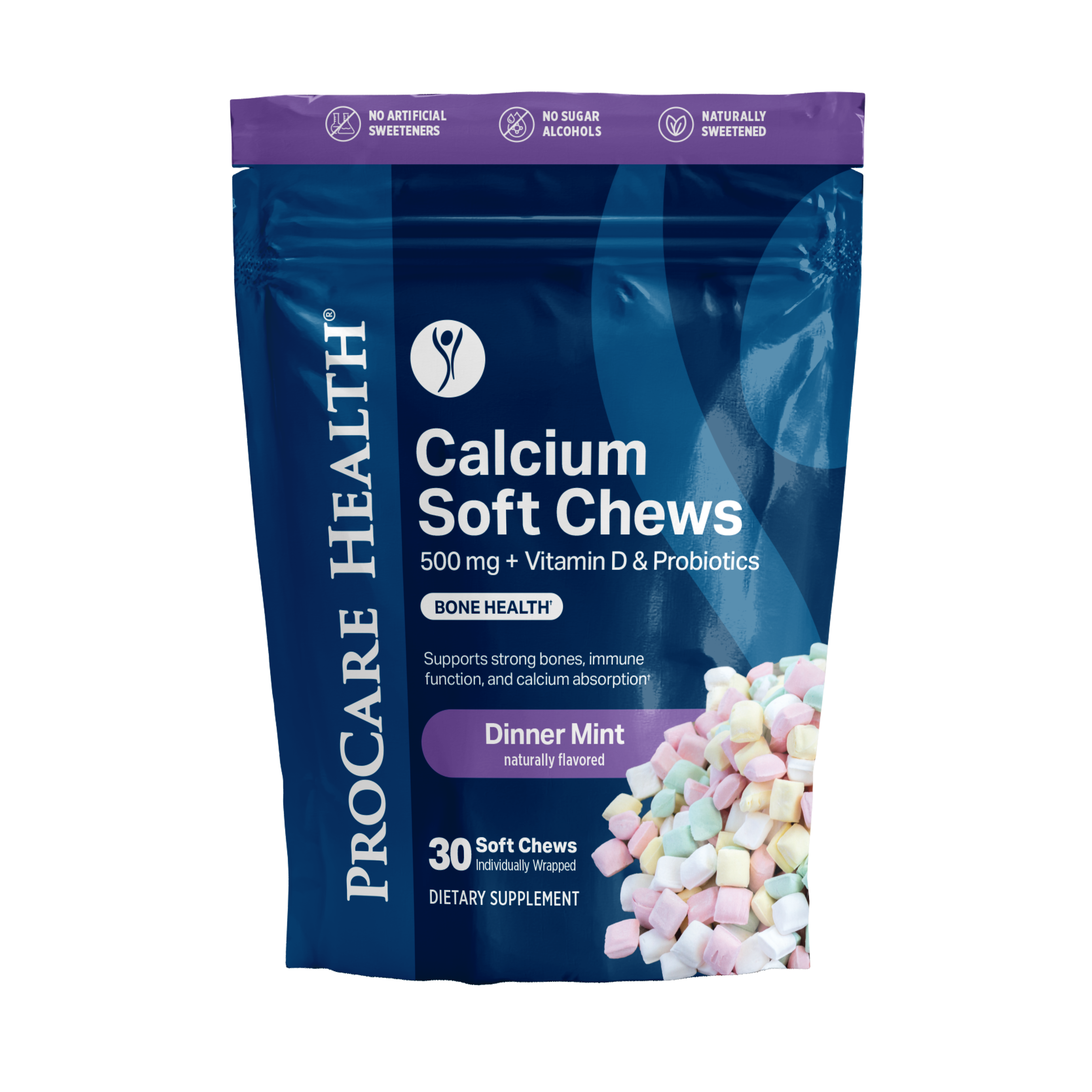 A blue bag of Procare Health Calcium Soft Chews, featuring a mint flavor, highlights benefits for bone health and includes 30 individually wrapped chews with 500 mg of calcium, vitamin D, and probiotics.