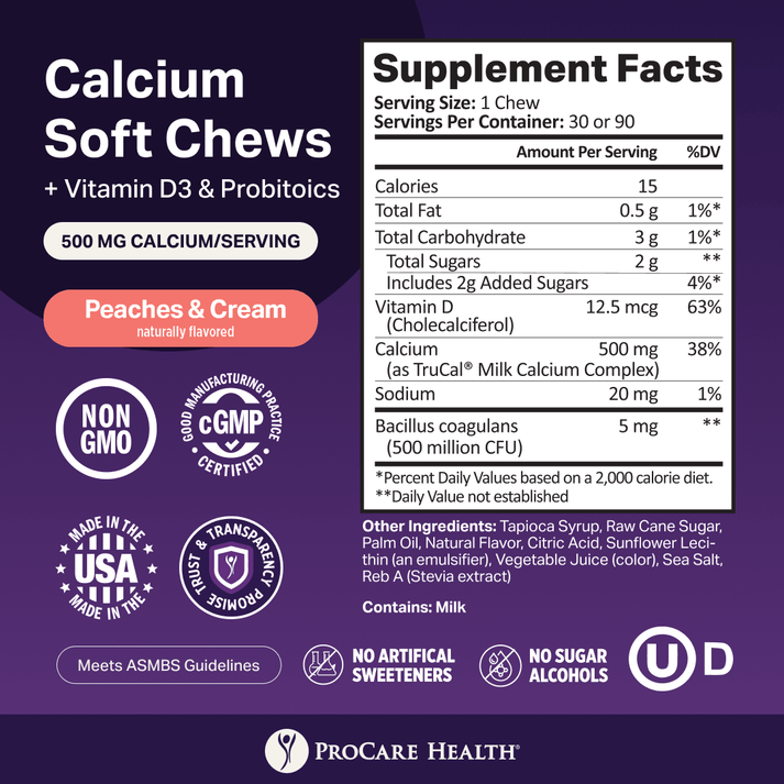 Calcium soft chews in a "Peaches & Cream" flavor are displayed with a detailed supplement facts label, highlighting 500 mg of calcium per serving and additional vitamins and probiotics.