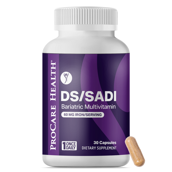 A white bottle labeled "DS/SADI Bariatric Multivitamin" contains 30 capsules, with a single capsule placed beside it, emphasizing its iron content and daily serving suggestion.