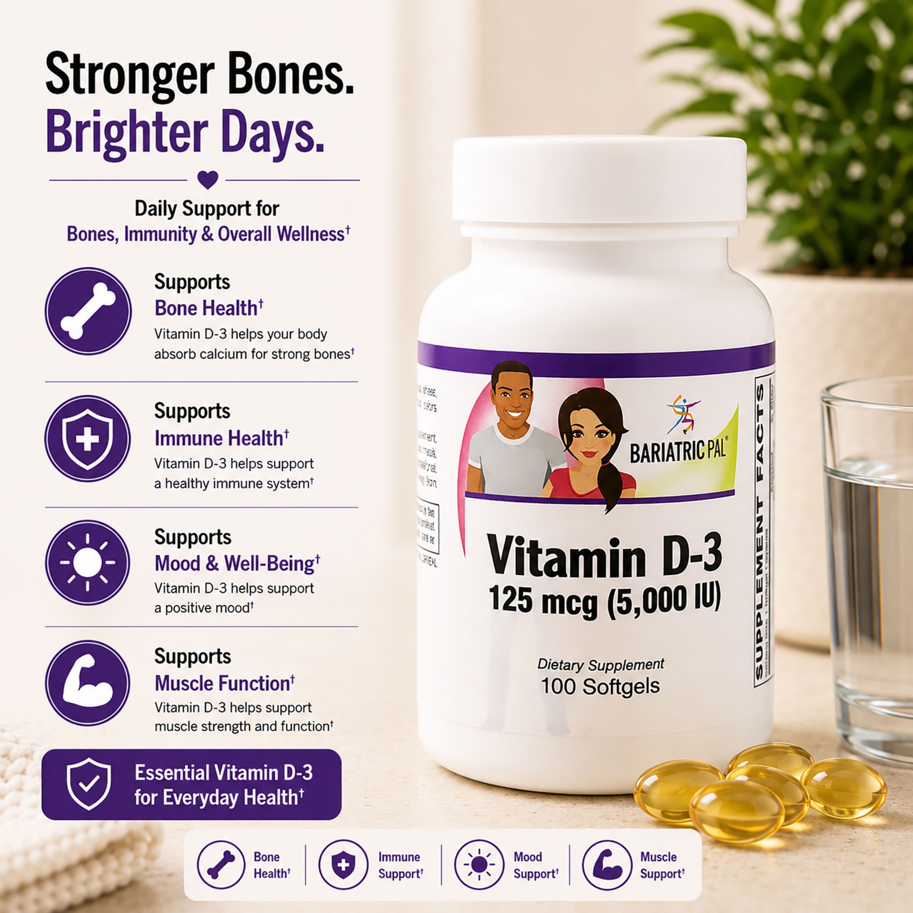 A bottle of BariatricPal Vitamin D-3 dietary supplement with 100 softgels, shown alongside informational graphics on the left and softgels on a light surface with a glass of water and a plant in the background.