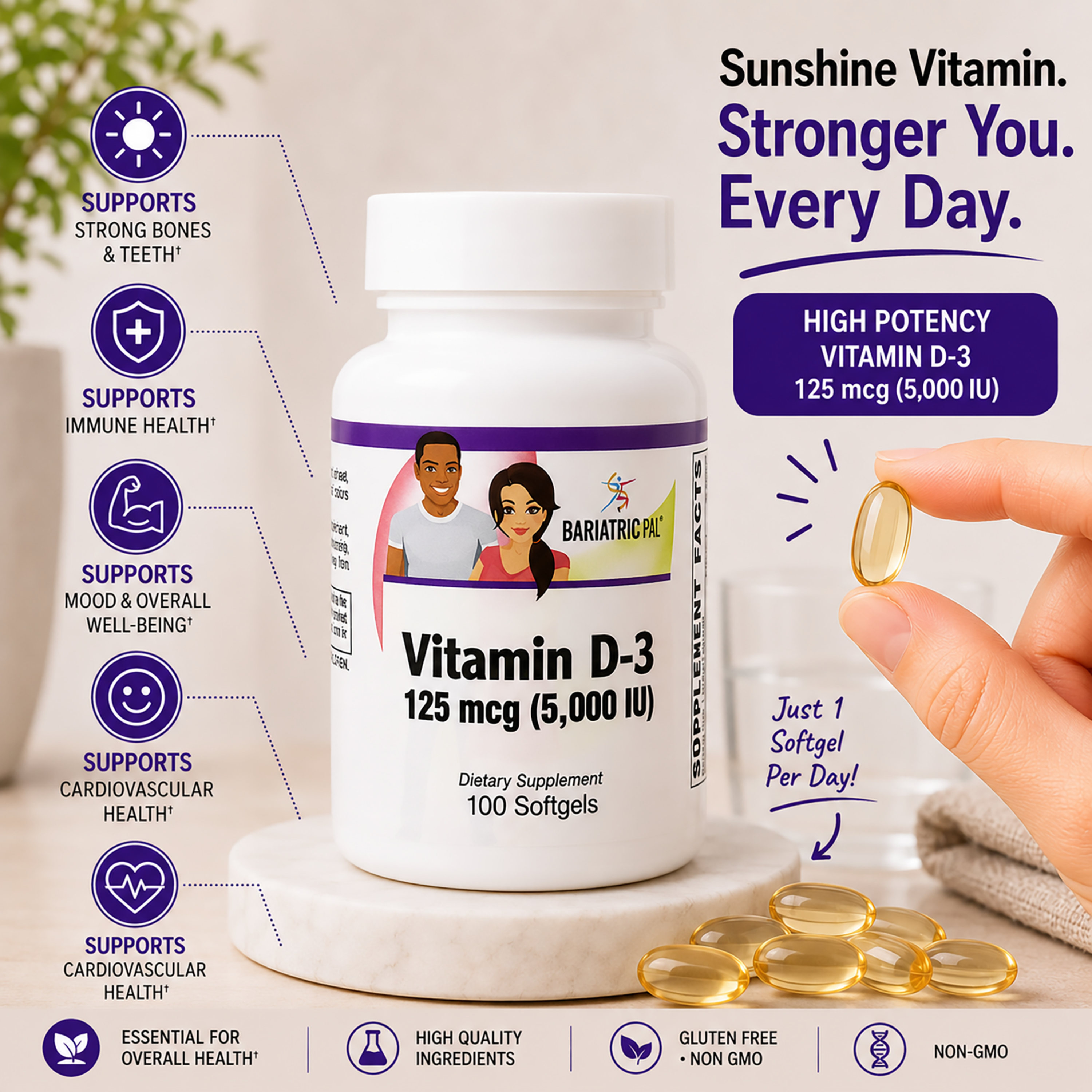 A white bottle of BariatricPal Vitamin D-3 dietary supplement with a hand holding a softgel capsule next to it, set against a clean white background with promotional text and icons.