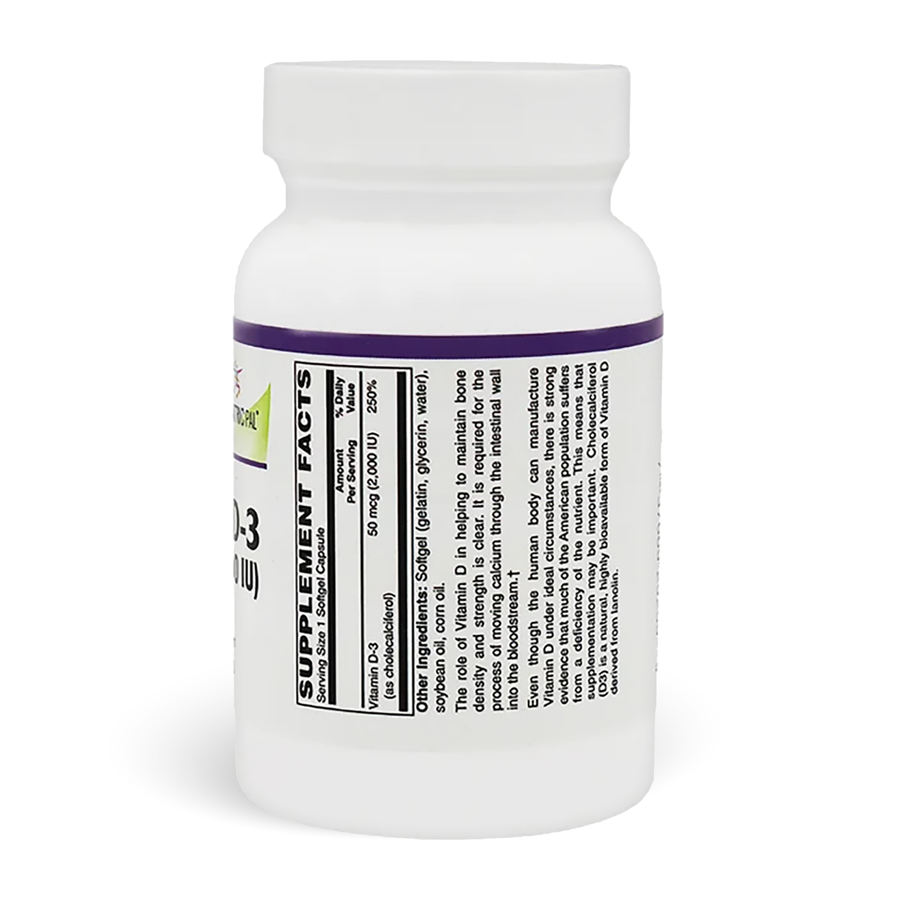 Vitamin D-3 50mcg (2,000 IU) - Easy Swallow Vegetarian Softgels Supplement Facts panel. 