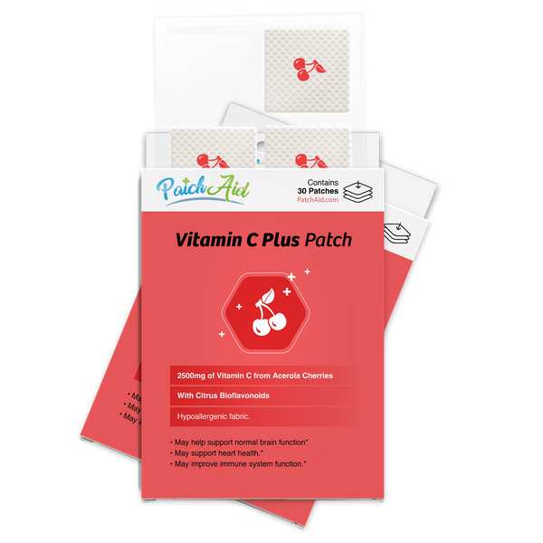 A box of Vitamin C Plus patches features a bright red design with cherry graphics, highlighting benefits like immune support and brain function, and contains 30 patches made from hypoallergenic fabric.