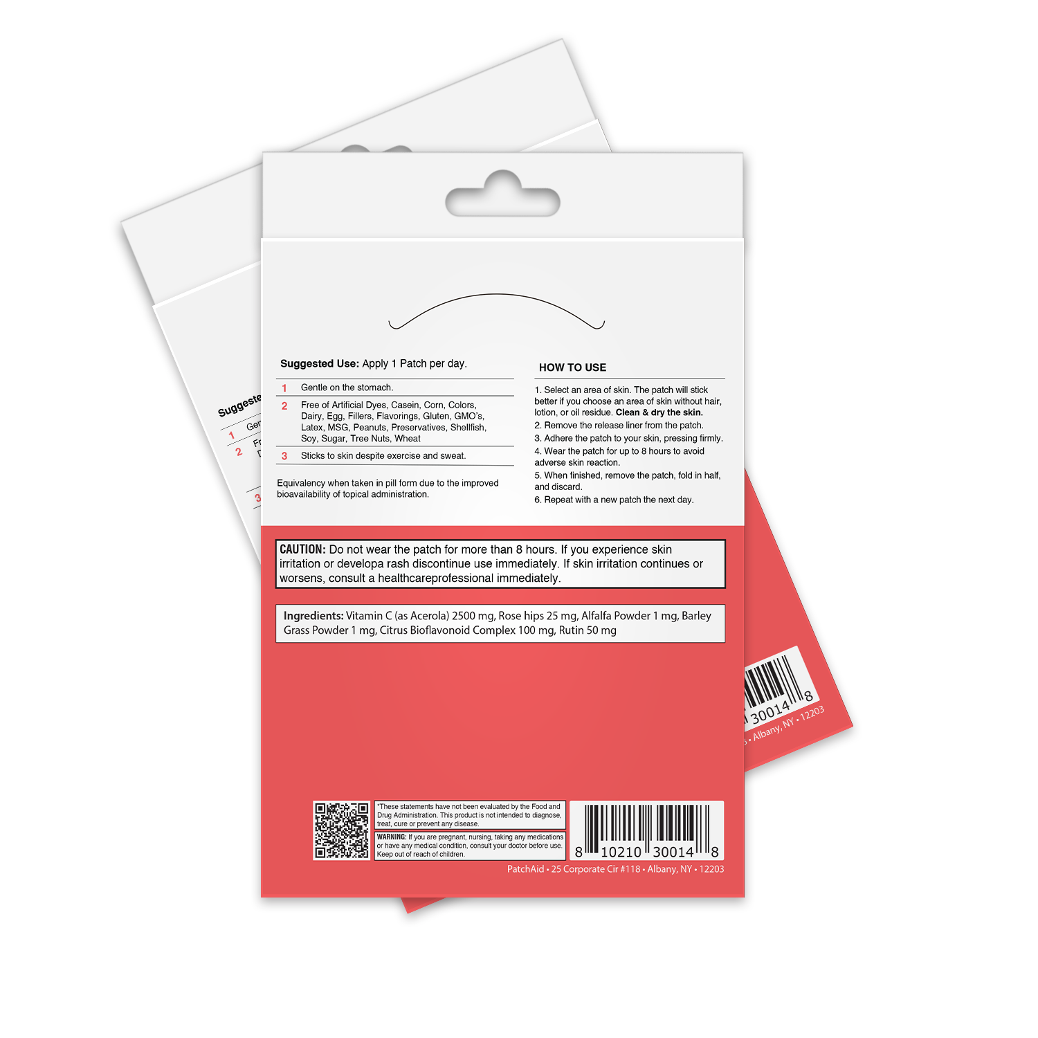 The image shows the back of a product packaging for a skin patch, featuring usage instructions, ingredients, and cautionary notes against prolonged use, set against a colorful background.