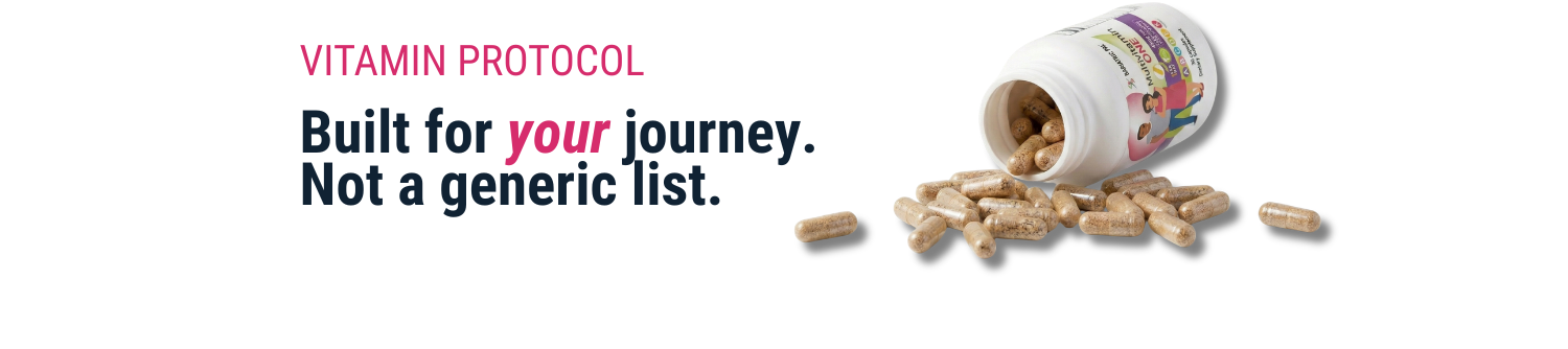 Built for your journey. Not a generic list. Multivitamins tipped over on side, with pills spilling out. 
