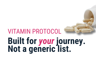 Vitamins spilling out of a container with text about a personalized vitamin protocol on a white background.
