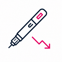 A graphic of a pen with a downward-pointing arrow beside it, suggesting a decrease or reduction, likely related to pricing or availability in an e-commerce context.