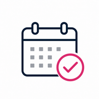 A calendar icon with a checkmark next to it, symbolizing confirmed dates or appointments in a clean, modern design.