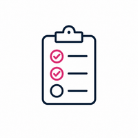 A clipboard with three checklist items, two marked with pink checkmarks and one empty, represents task completion and organization in a simple design.
