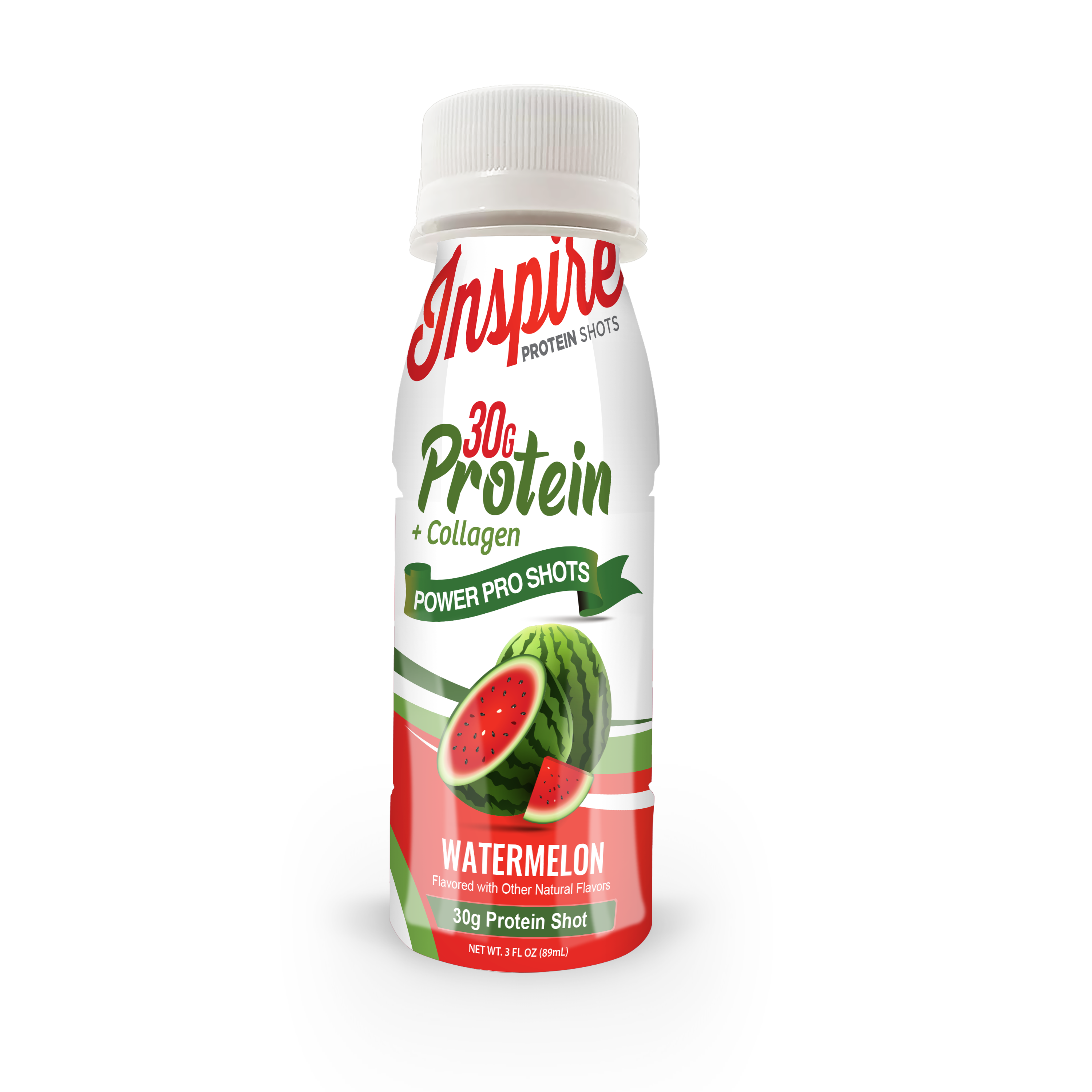 A bottle of Inspire Protein Shots featuring a watermelon flavor, labeled with "30g Protein + Collagen" and "Power Pro Shots," stands against a plain background.