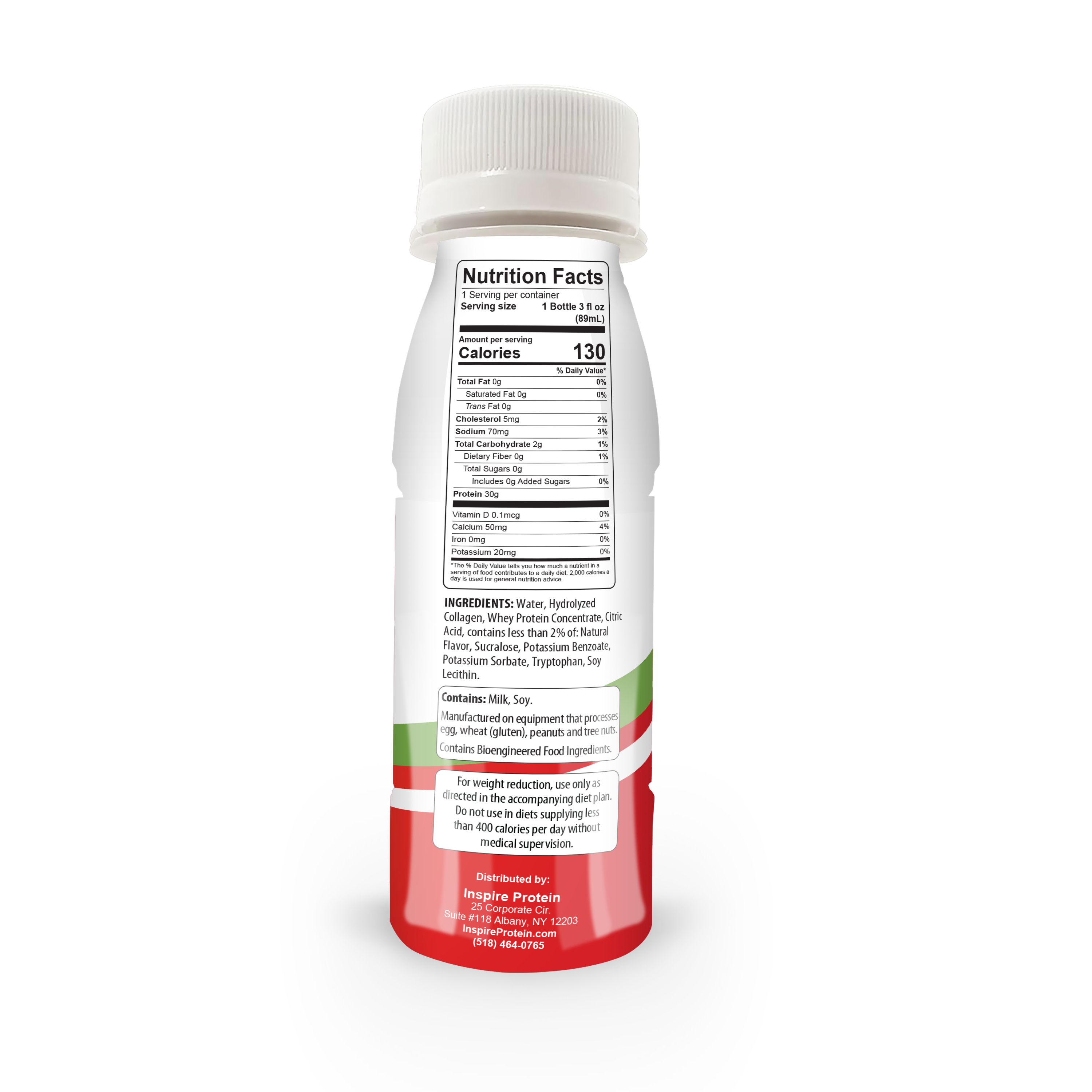 A bottle of protein drink is displayed, showing the back label with nutrition facts, ingredients, and serving information, featuring a red and green design.