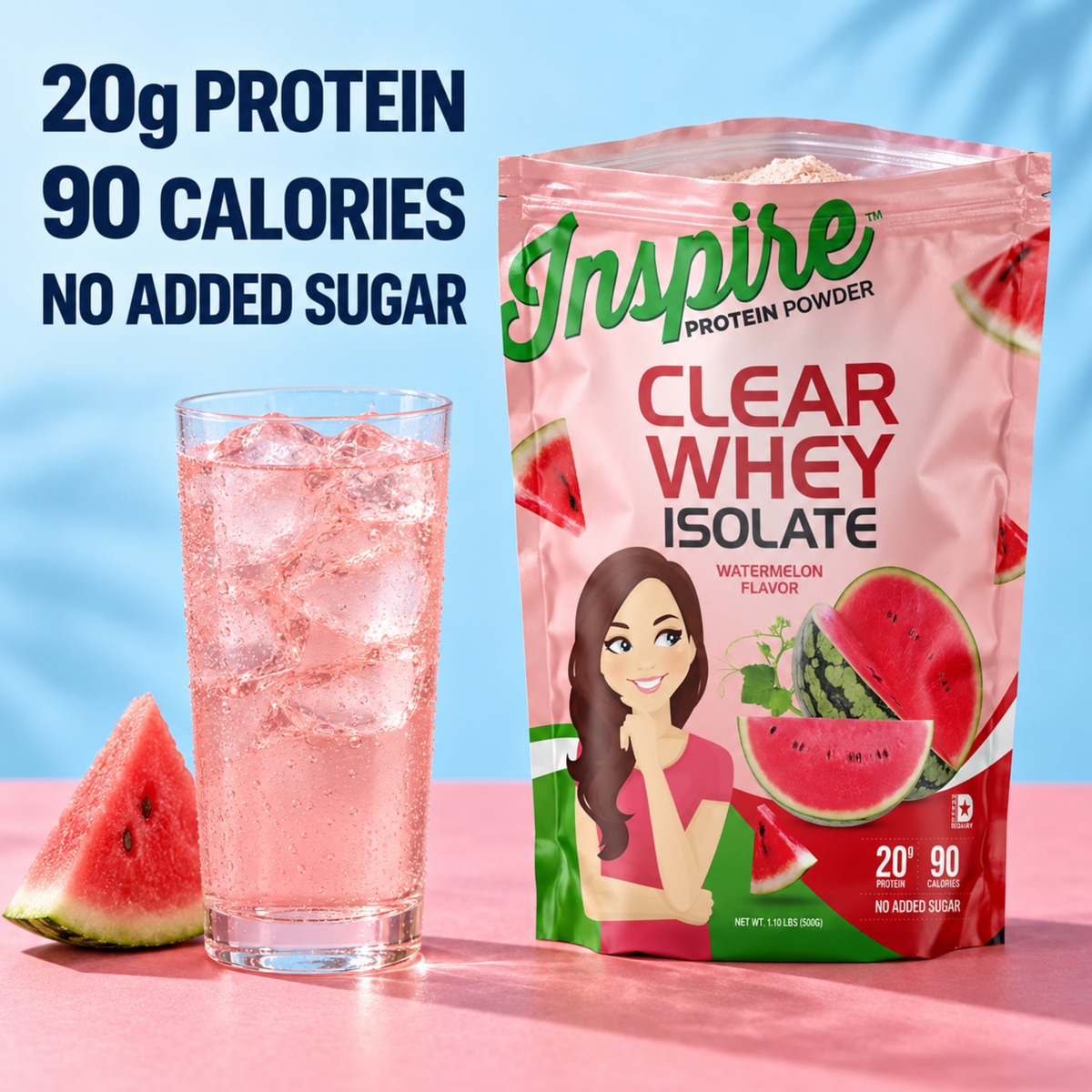 Inspire Watermelon Clear Whey Isolate Protein Powder with 20 grams of protein, 90 calories and no added sugar per serving.