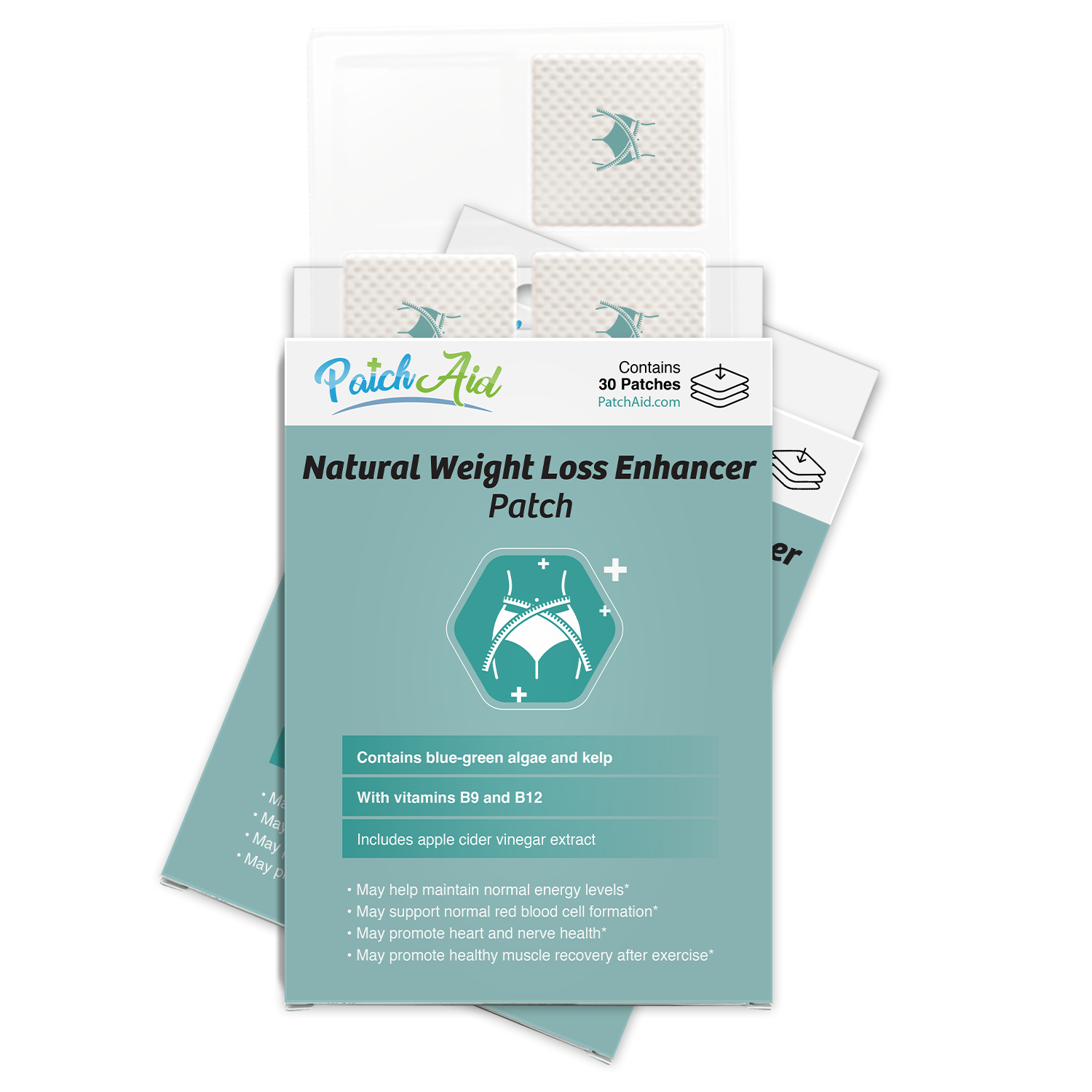 A packaging design for PatchAid's Natural Weight Loss Enhancer Patch, featuring a teal background with product details, including benefits and ingredients, and displaying several patches in a blister pack.