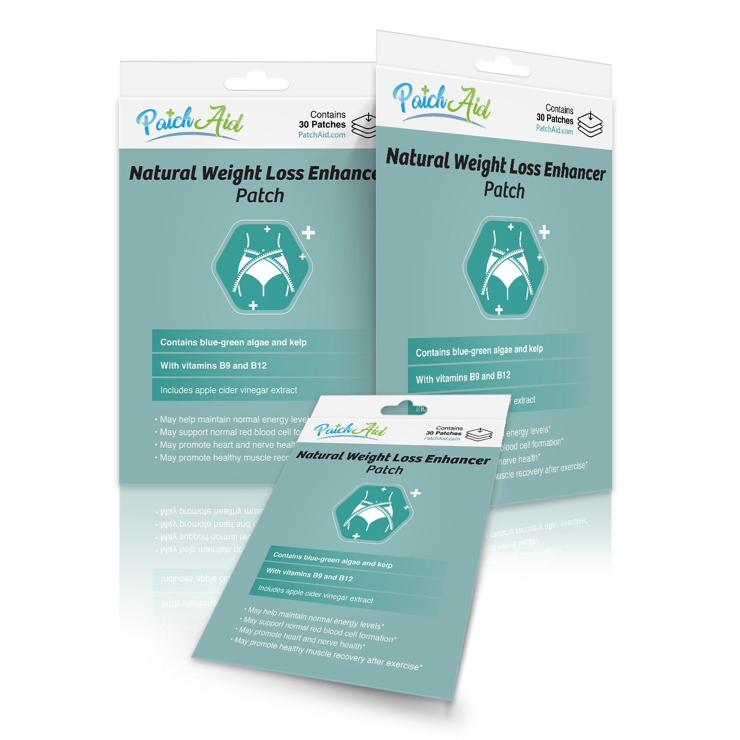 Three packages of "Natural Weight Loss Enhancer Patch" are displayed, featuring a teal background, product details, and claims about ingredients like blue-green algae and vitamins B9 and B12.