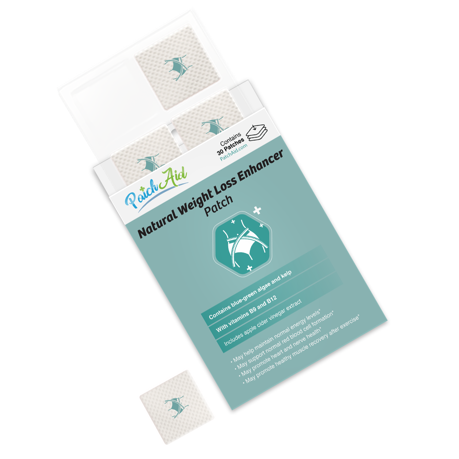 A pack of natural weight loss enhancer patches is displayed, featuring a teal label with product information, and one patch is partially visible outside the pack.