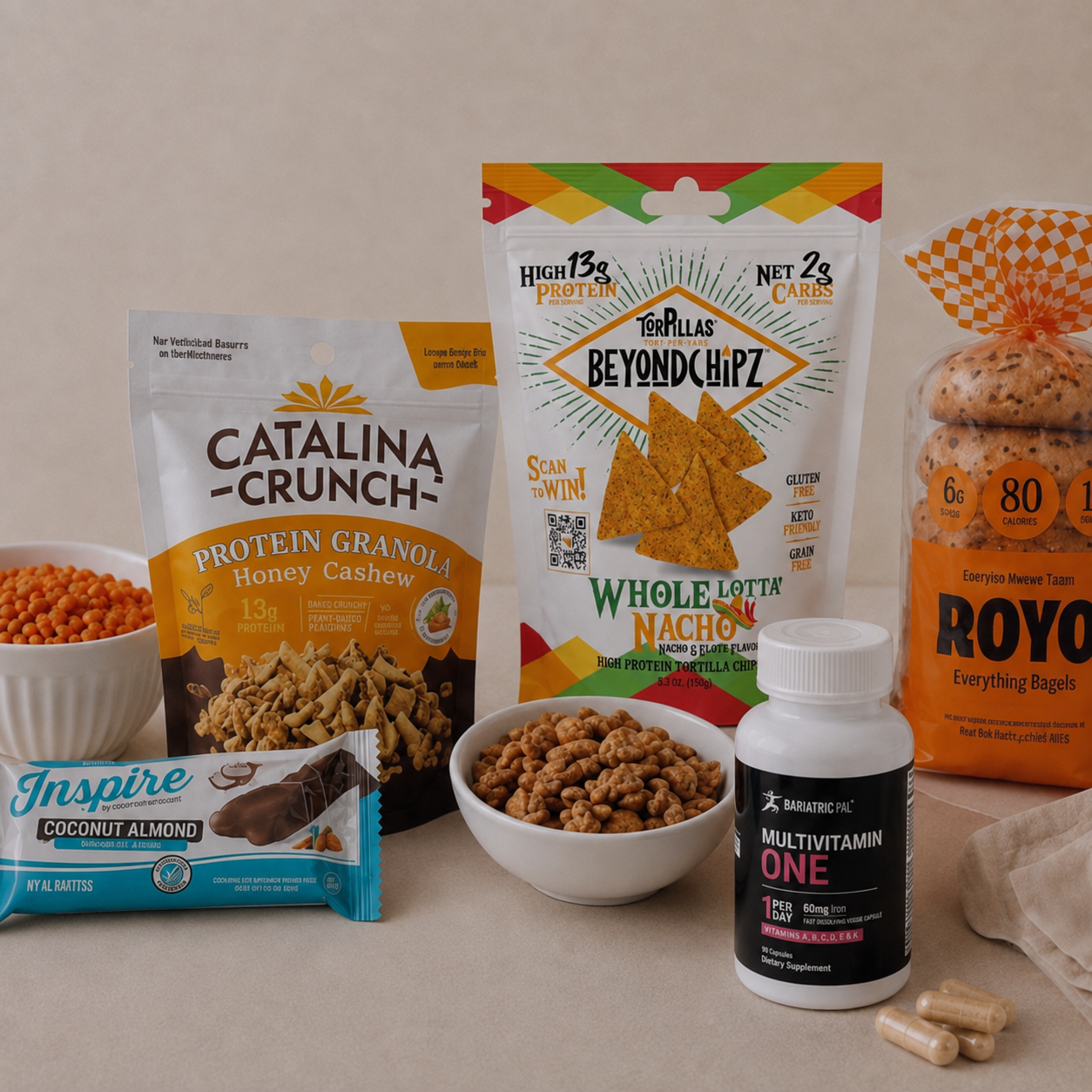 A styled flat-lay of multiple health and snack products arranged on a beige surface: a bag of Catalina Crunch protein granola, a bag of Torrasillas Beyondchipz whole flour Nachos, a bag of Royo Everything Bagels, an Inspire coconut almond protein bar, a bowl of granola, a bowl of orange flakes, and a bottle of Organic Multivitamin with capsules beside it.