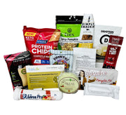 A variety of health and snack products are displayed, including protein chips, turkey snacks, protein powders, and patches, all arranged together against a white background.