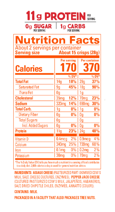 Nutrition facts label for a snack product, detailing serving size, calories, protein, fat, carbohydrates, vitamins, and minerals, with ingredients including cheese and spices.
