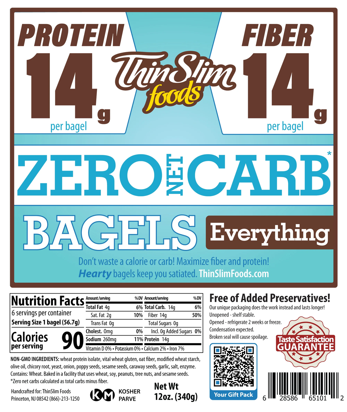 The label features Thin Slim Foods' Everything Bagels, highlighting 14g of protein and fiber per bagel, with a note on zero net carbs and nutrition facts for healthy eating.