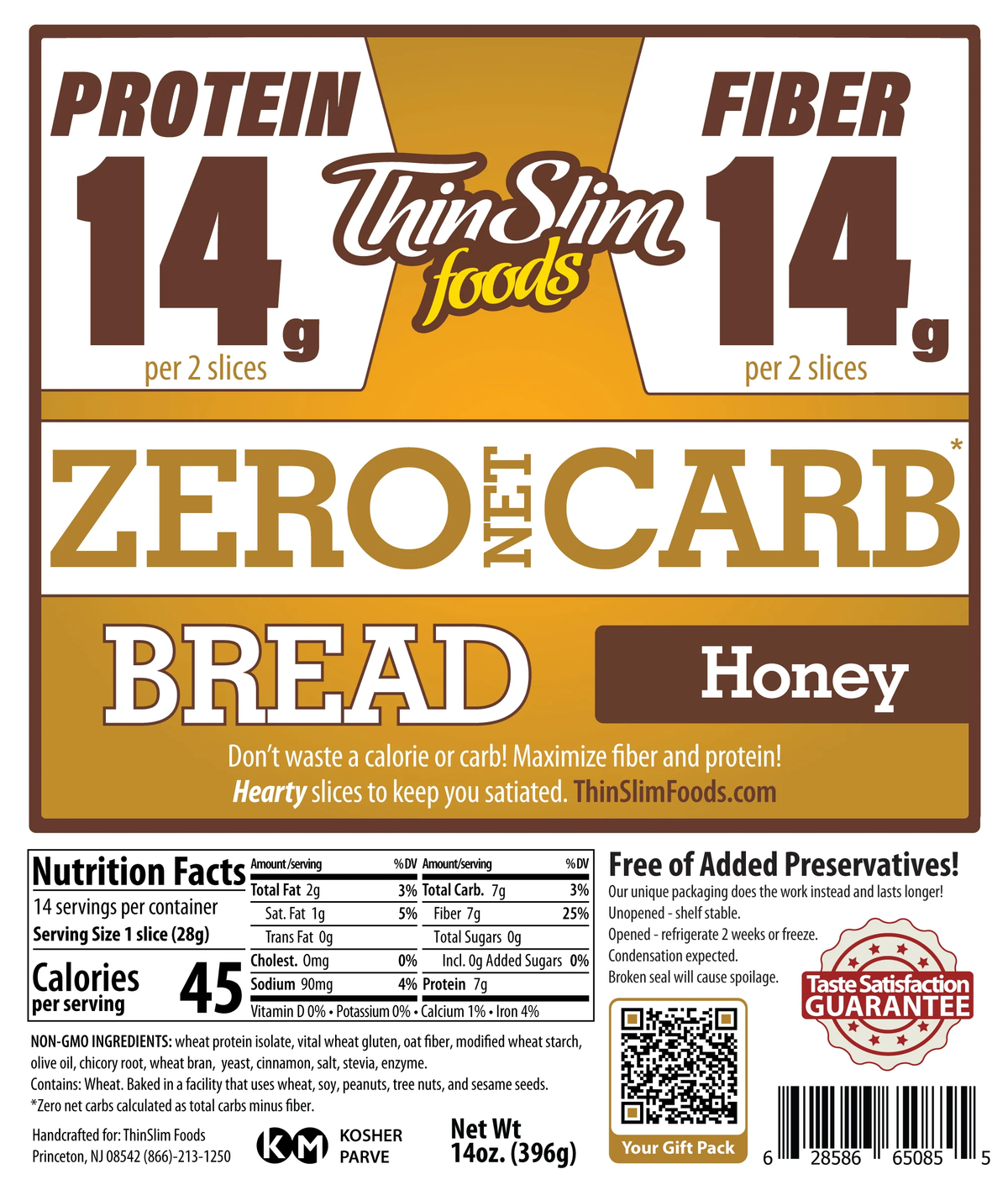 ThinSlim Foods Zero Net Carb Bread - Honey, Single Pack (14 Slices)