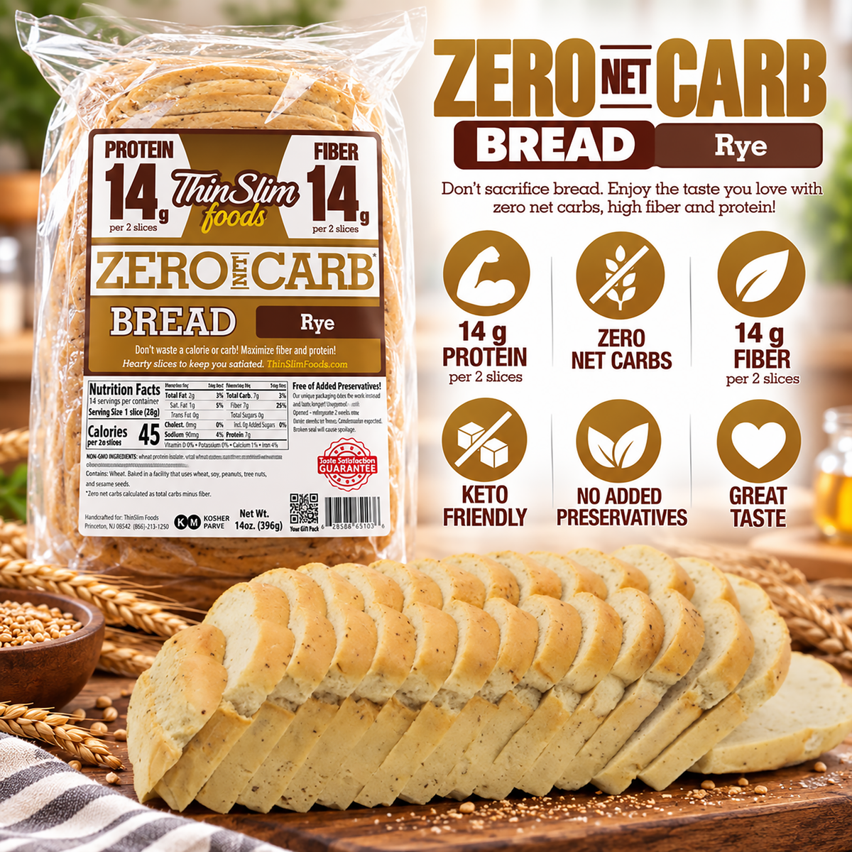 ThinSlim Foods Rye Zero Net Carb Bread with 14 grams of protein and 14 grams of fiber per two slices. 45 calories per slice.