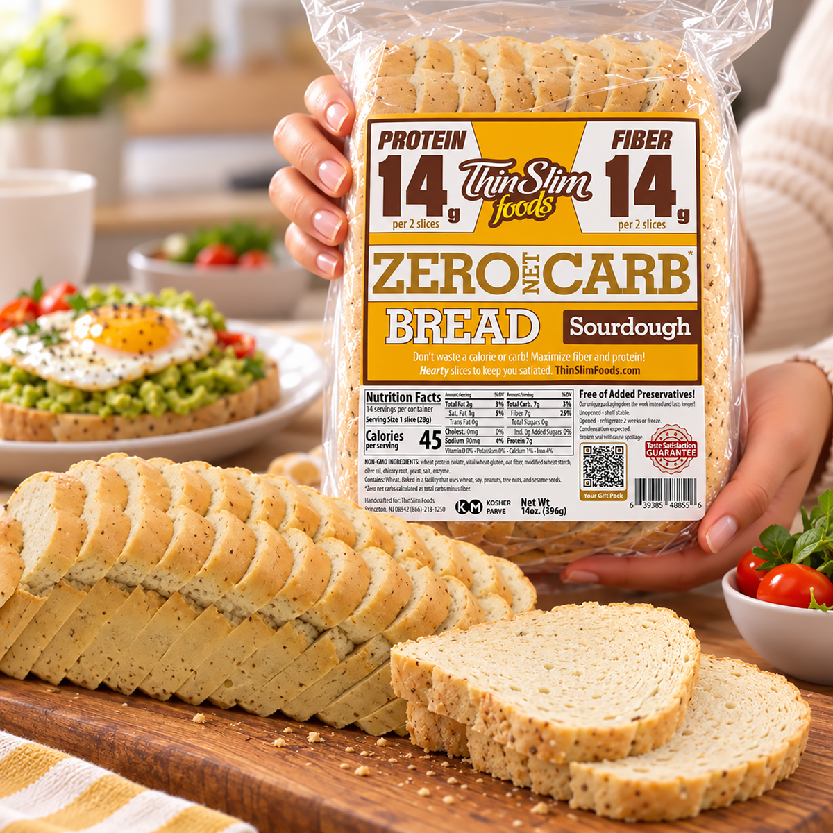 ThinSlim Foods Sourdough Zero Net Carb Bread with 14 grams of protein and 14 grams of fiber per two slices. 45 calories per slice.