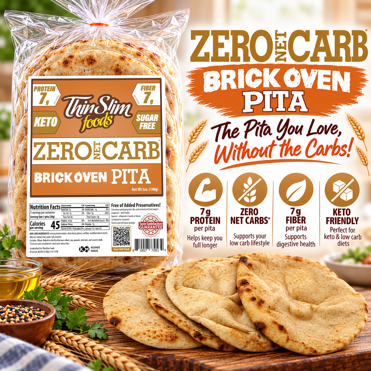 ThinSlim Foods Zero Net Carb Brick Oven Pitas with 7 grams of protein, 7 grams of fiber and 45 calories per pita. Five pitas per package.