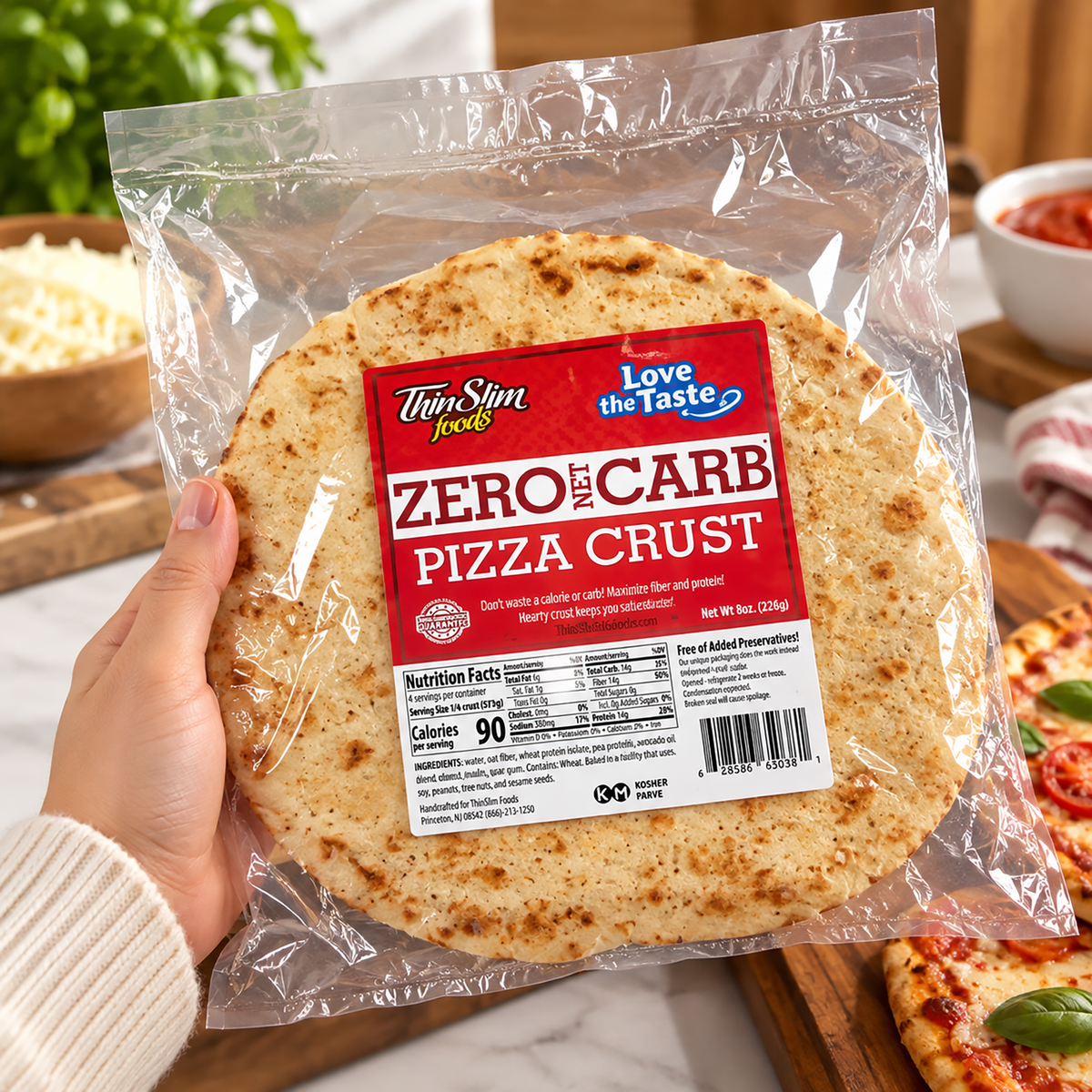ThinSlim Foods Zero Net Carb Thick Pizza Crust, 8-ounce package.