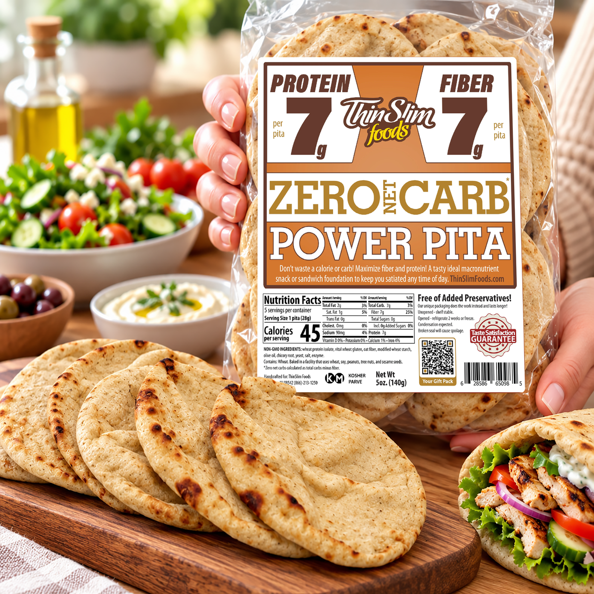 ThinSlim Foods Zero Net Carb Power Pita with 7g of protein. 