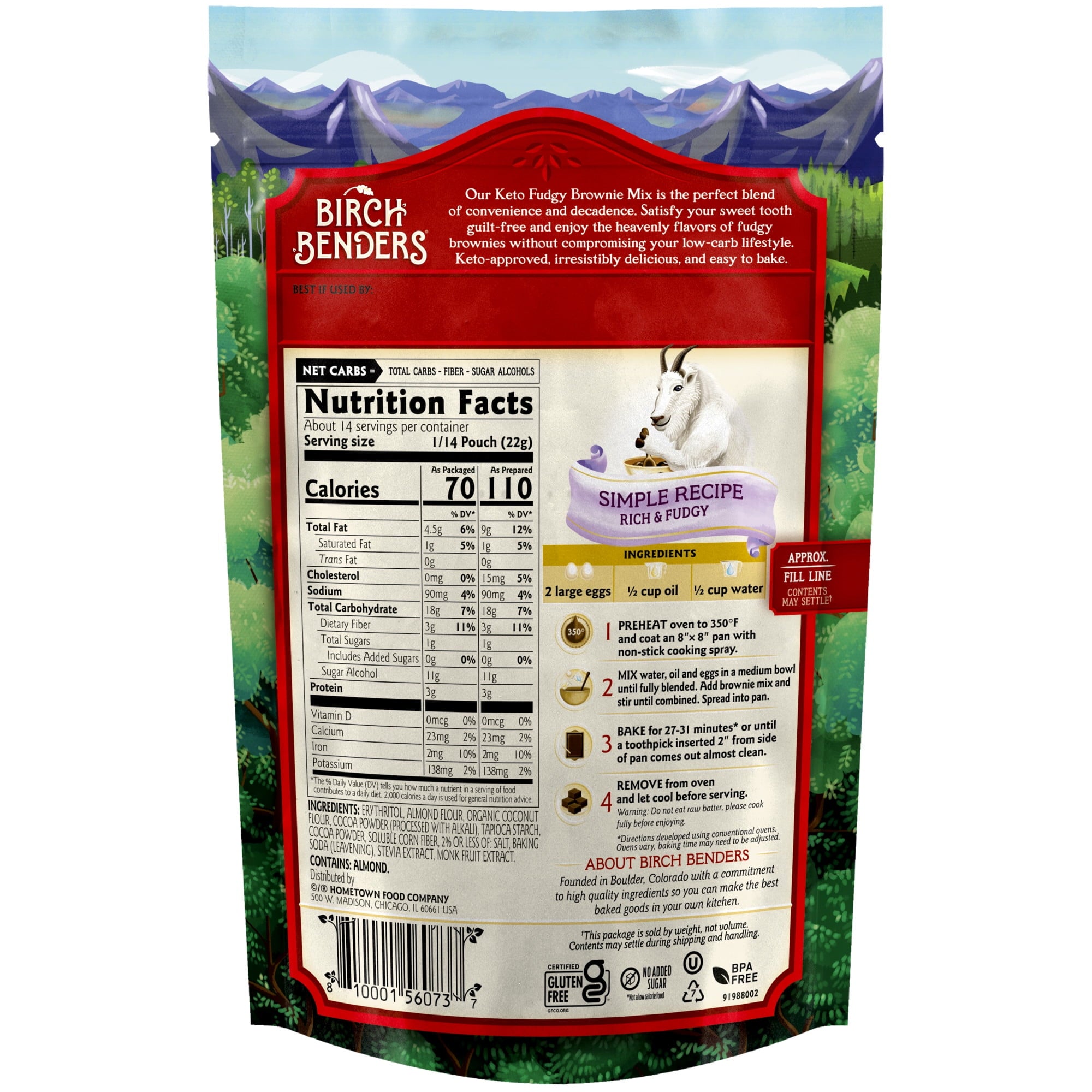 A colorful package of Birch Benders Keto Fudgy Brownie Mix features a mountain backdrop, nutritional information, and a simple recipe with a cartoon goat, emphasizing its low-carb, keto-friendly qualities.