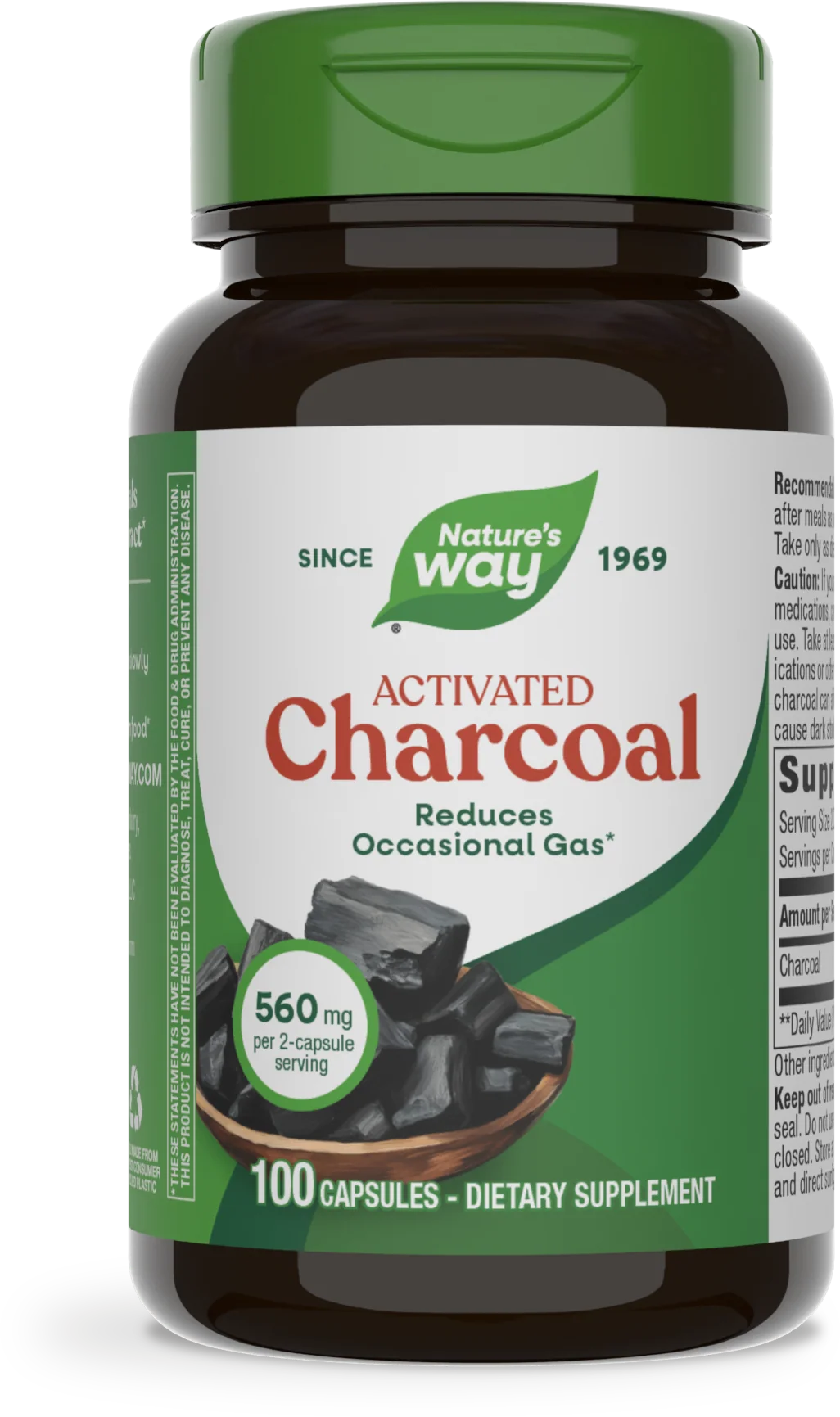 A dark brown bottle of Nature's Way Activated Charcoal dietary supplement, featuring a green cap, displays "Reduces Occasional Gas" and contains 100 capsules with a serving size of 560 mg.